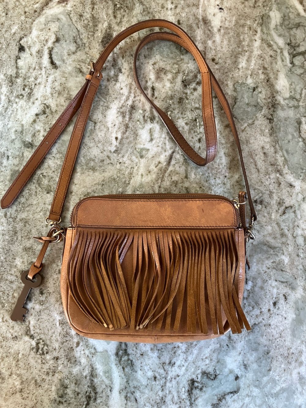 Fossil Sydney Brown Leather Fringe Crossbody Bag